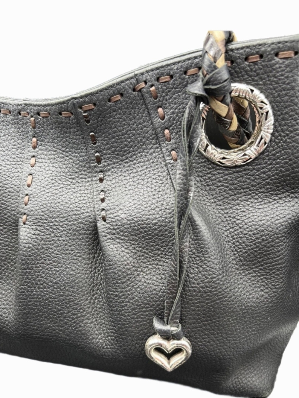 Y2K ❤️ BRIGHTON Large Pebble  Leather Black Bag w/ Braided Straps Satchel Hobo